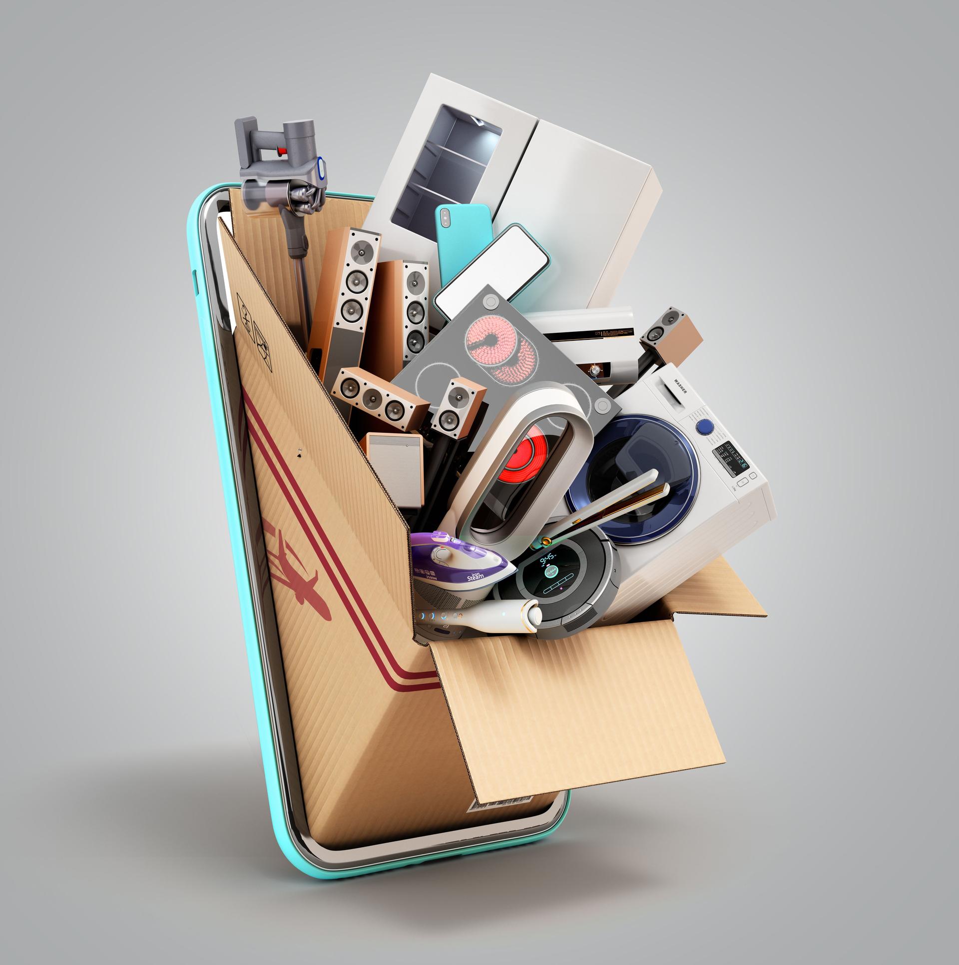 modern household appliances in a drawer peeps from the screen of a mobile phone 3d render on grey gradient