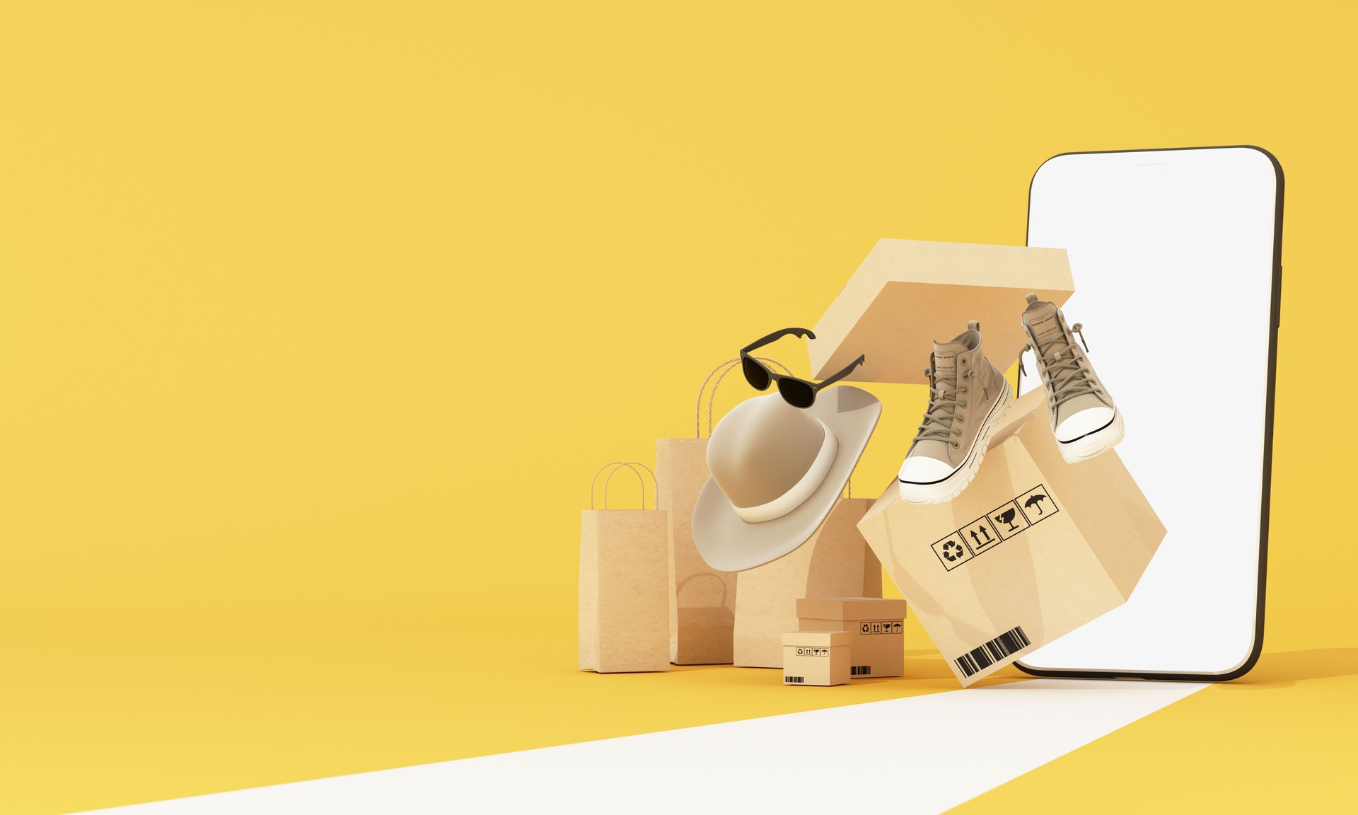 online shopping concept on the stand for product presentation surrounded by shopping bags and boxes and smartphone, sneakers, hats and sunglasses for men on a pastel yellow background. 3d rendering